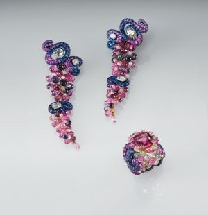 Sapphire Amphora earrings by Carnet. An Eye For Beauty, Illuminata Jewelry Collection Exhibition, L'ECOLE, School of Jewelry Arts, K11 MUSEA, Hong Kong