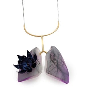 Bernadette Martins Necklace A water lily in the lung, 2022 Brass, titanium, epoxy resin, stainless steel Tincal Challenge Jewelry & Literature