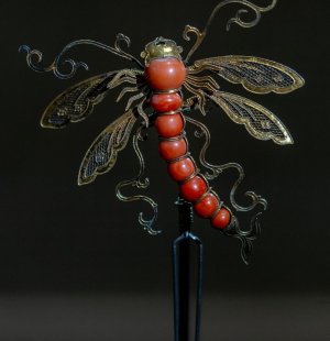 Dragonfly hairpin, Gilded silver, coral, metal, Ming to Qing dynasties, 1368-1911