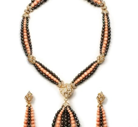 Fred Paris Parure with necklace and earrings  Coral and cultured pearls Circa 1975  Palais Royal Hong Kong Ltd