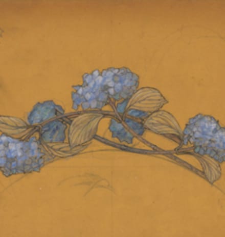 René Lalique (1860-1945) Drawing of a “Hortensias” tiara. Pencil, ink and gouache on vegetal paper B F K – Rives, circa 1900, Van Cleef & Arpels Jewelry Culture Fund.