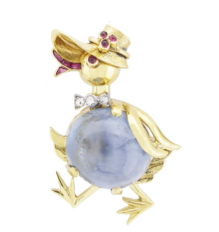 Van Cleef & Arpels, clip cane au chapeau, platine, or jaune, rubis, saphirs, diamants, 1946 .png