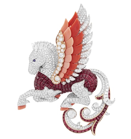 VAN CLEEF & ARPELS, Pegasus Clip, rose gold, white gold, purple sapphires, rubies, coral, diamonds, 2016, Noah's Ark Collection, © Van Cleef & Arpels.png