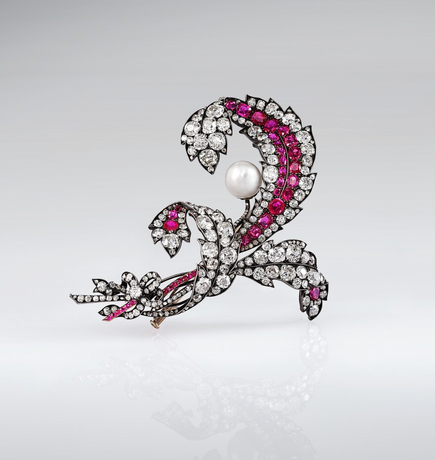 Köchert brooch in Exhibition "An Eye for Beauty, the Illuminata Jewelry Collection" in Hong Kong.  Pearl, diamonds, rubies, silver, and gold