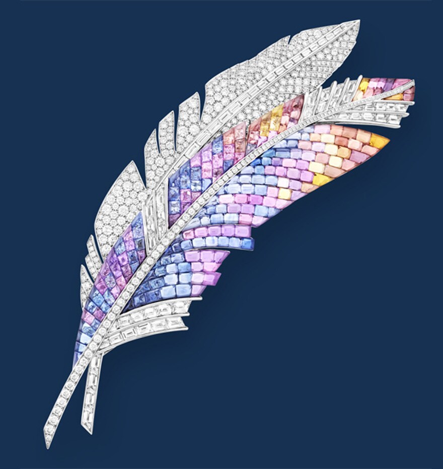 Panache Mystérieux clip,  White gold, Vitrail Mystery Set colored sapphires, diamonds