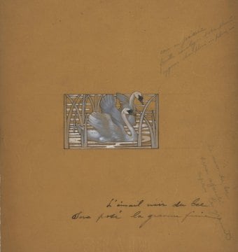 René Lalique, drawing for a “Swans” choker plaque, pencil, ink and gouache on vegetal paper, circa 1900. Van Cleef & Arpels Jewelry Culture Fund