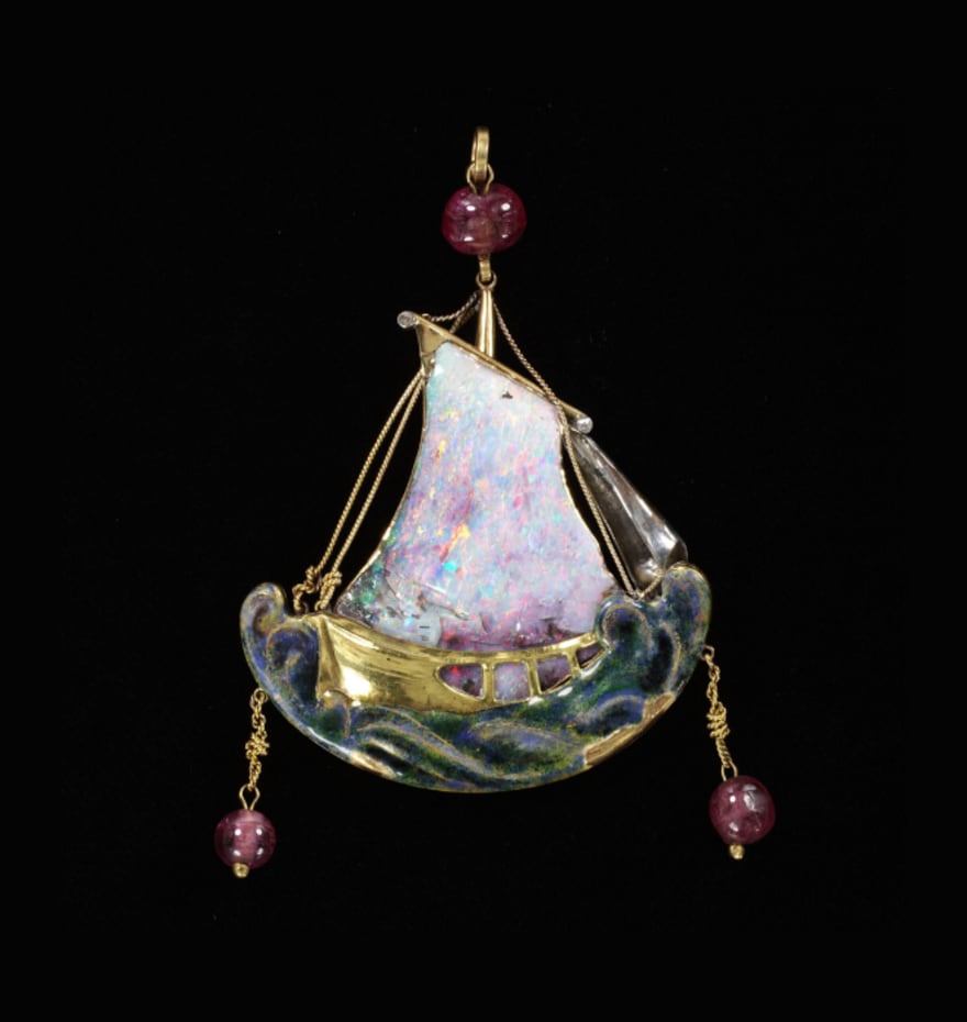 C.R. Ashbee, pendant in the form of a ship Enamelled gold, silver, opal, diamond sparks and tourmalines, England, circa 1903