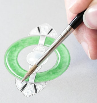 Jewelry motif incorporating at least a jade ring and a white pearl