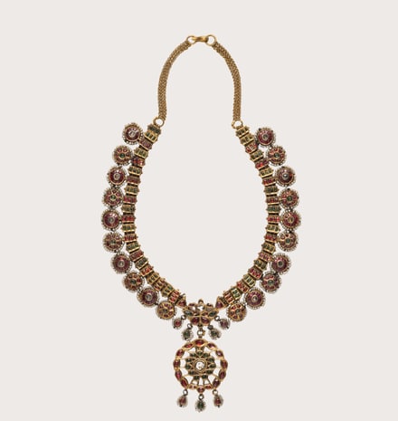 Necklace, 18th–19th century​  Attributed to India, Punjab or Rajasthan​  Gold, diamonds, colorless sapphires, rubies, imitation emeralds (colorless rock crystal over green foil), and pearls​  Metropolitan Museum of Art, New York