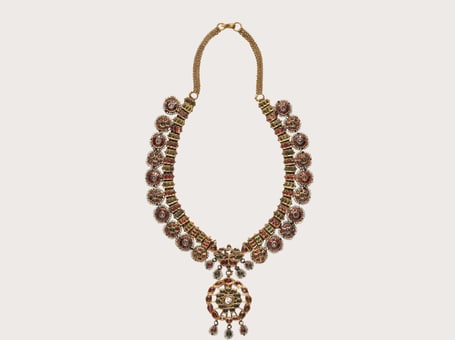 Necklace, 18th–19th century​  Attributed to India, Punjab or Rajasthan​  Gold, diamonds, colorless sapphires, rubies, imitation emeralds (colorless rock crystal over green foil), and pearls​  Metropolitan Museum of Art, New York